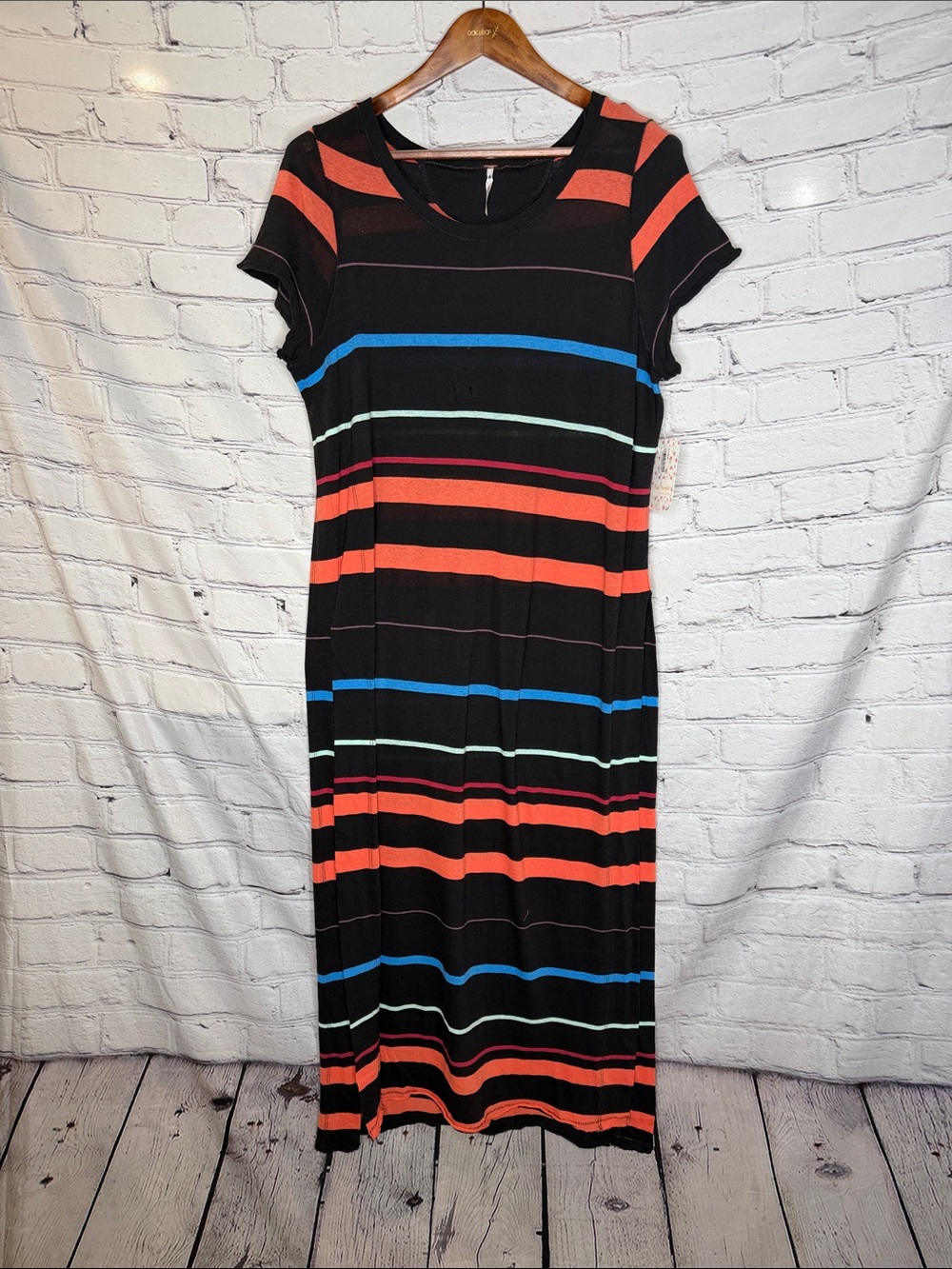 Free People Black Striped Short Sleeve Maxi Dress with Coral & Blue Accents